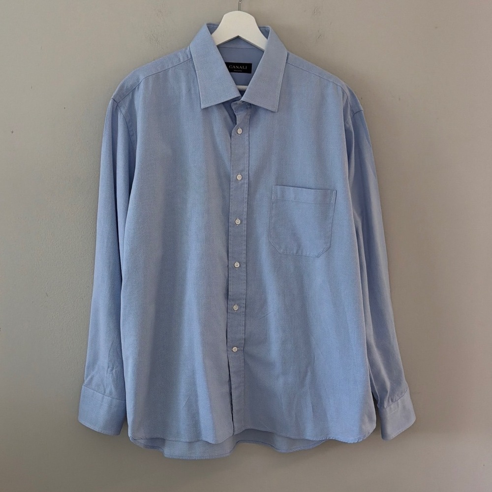 Canali Mens Light Blue Cotton Micro Pattern Dress Shirt Made in Italy Size 46 18